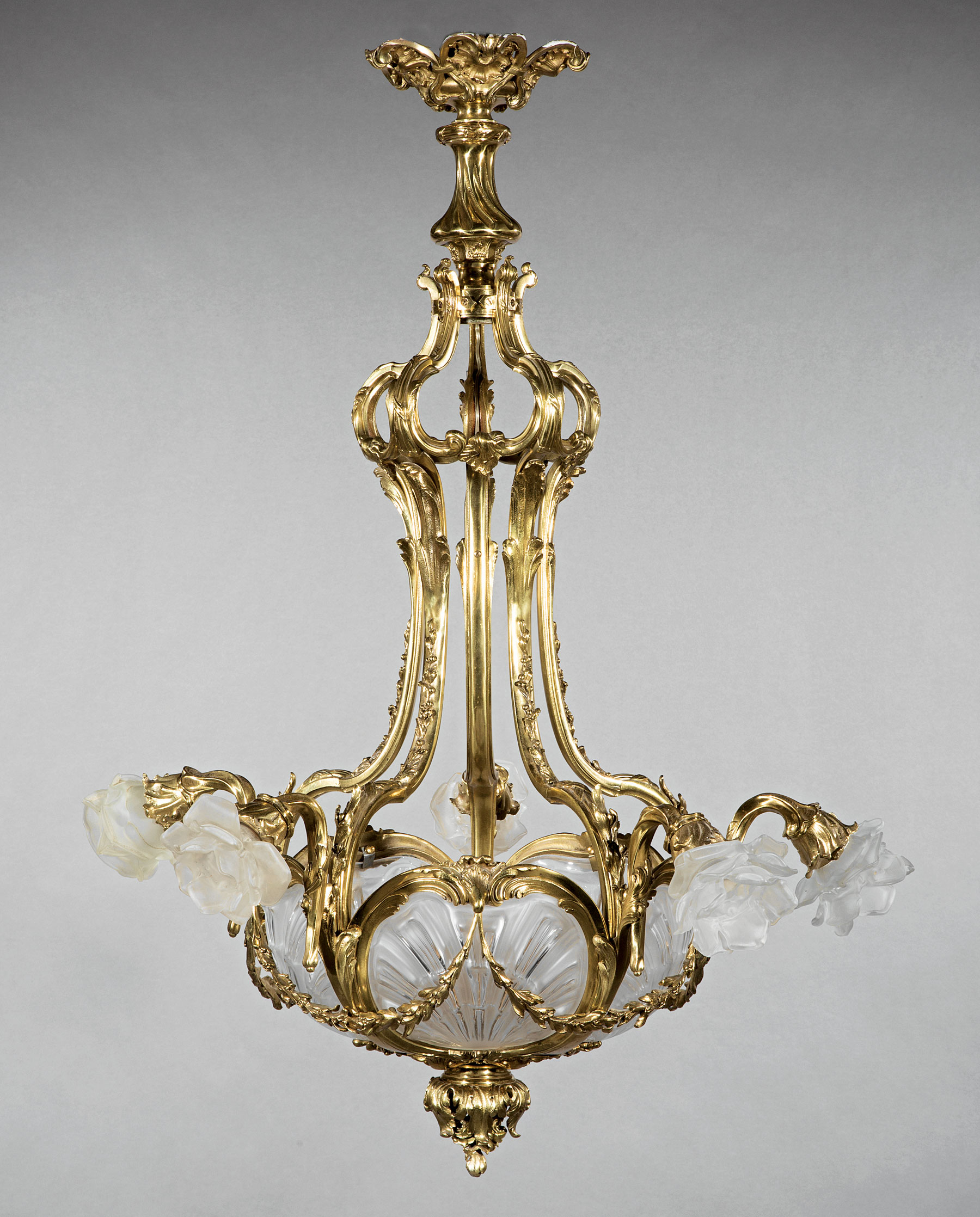 Art Deco Bronze and Glass Five-Light Chandelier , early 20thc., scrolled supports, shell-form