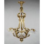 Art Deco Bronze and Glass Five-Light Chandelier , early 20thc., scrolled supports, shell-form