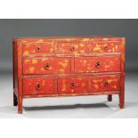 Chinese Red Lacquer Chest of Drawers , 20th c., h. 32 in., w. 48 in., d. 18 in. Provenance: