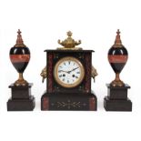 Antique French Inlaid and Gilt-Incised Marble Three-Piece Clock Garniture , late 19th c., dial