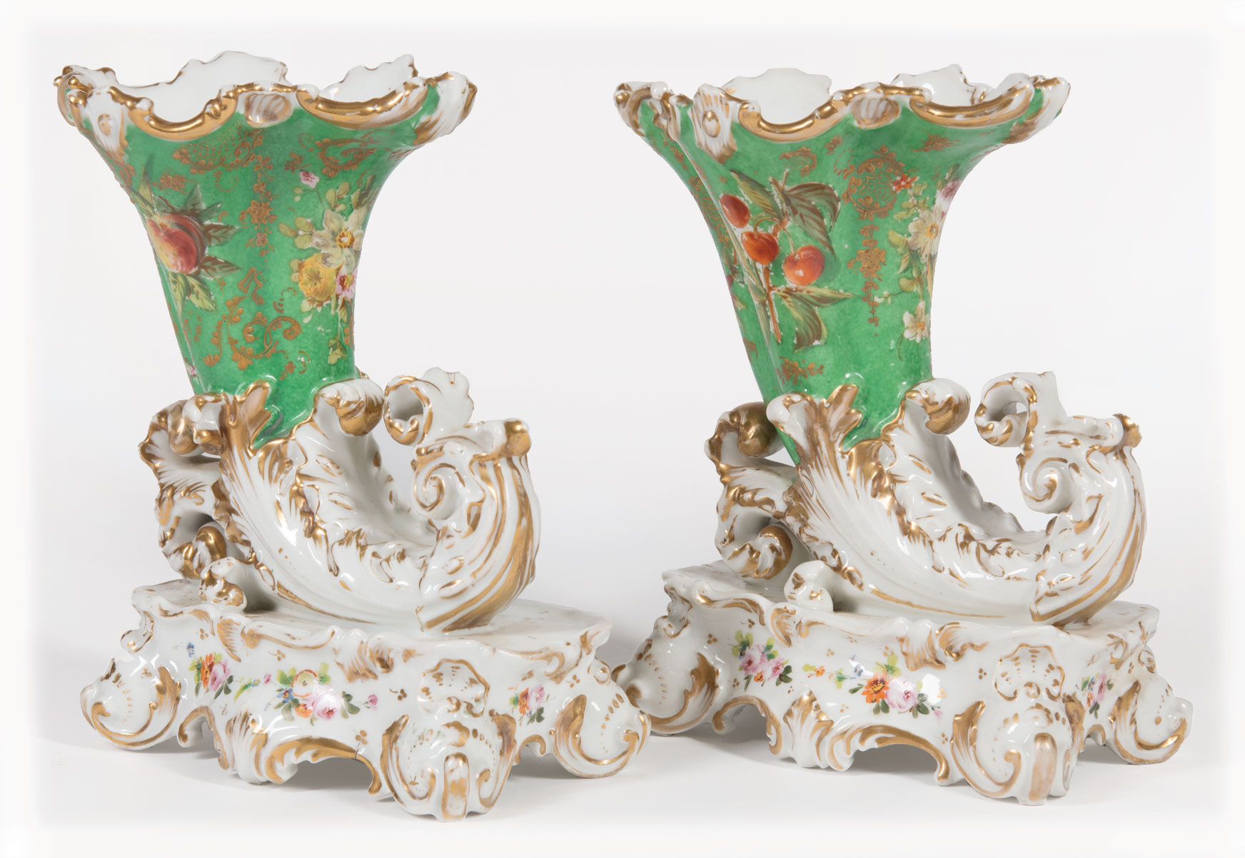 Pair of Jacob Petit Paris Polychrome and Gilt Porcelain Rhyton Vases , 19th c., bases marked "JP", - Image 2 of 3