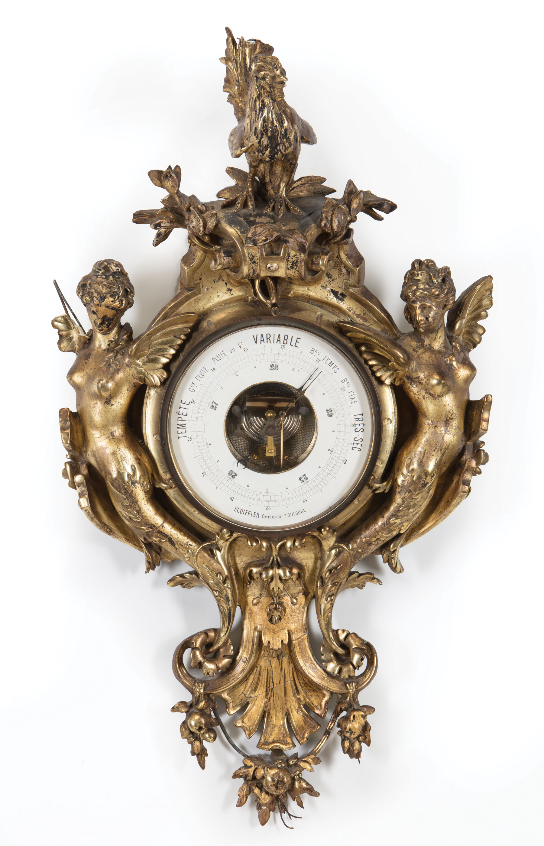 Large Antique Gilt Barometer , late 19th c., surmounted by "Le Coq Gaulois", dial marked "