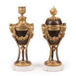 Pair of Louis XVI Gilt and Patinated Bronze and Marble Cassolettes , late 18th/early 19th c., of