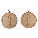 Pair of Italian Carved Marble Plaques , 20th c., Classical figures in relief, iron surround and loop
