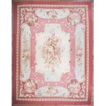 French Aubusson-Style Carpet, pink and cream ground, paneled design with floral sprays, 9 ft. 10 in.