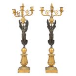 Pair of Antique Empire-Style Gilt and Patinated Bronze Three-Light Candelabra, after a design by