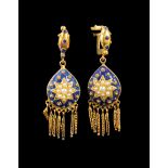 Pair of Portuguese 18 kt. Yellow Gold, Half Pearl and Blue Enamel Earrings in the "Etruscan" Taste