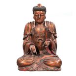 Large Chinese Lacquer Figure of Avalokitesvara, modeled seated in dhyanasana wearing voluminous