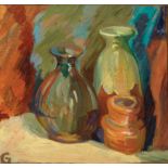 Angela Gregory (American/New Orleans, 1903-1990), "Study of Art Pottery Vases", oil on board,