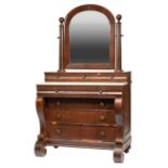 American Classical Mahogany Dressing Chest, early-to-mid 19th c., arched mirror on columnar