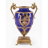 Neoclassical-Style Gilt Metal-Mounted Cobalt Glass Vase, early 20th c., winged term handles,