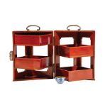 Japanese Lacquer Picnic Set, Jubako, loop handles, hinged carrying case inlaid with mother-of-