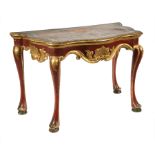 Italian Rococo Carved, Painted and Parcel Gilt Console, 18th c., serpentine top, rocaille apron,
