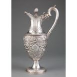 Antique Irish Sterling Silver Hot Water Jug, Dublin, marks rubbed, vasiform with elaborate chasing