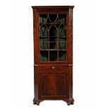 Antique Georgian-Style Mahogany Corner Cupboard, 19th c., molded cornice, Gothicized glazed door,