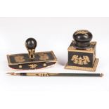 French Gilt and Patinated Bronze Three Piece Desk Set, 19th c., incl. inkwell, h. 3 1/2 in., w. 3
