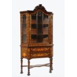 Pair of Dutch Marquetry and Mahogany Bookcases on Stands, foliate crest, arched cornice, glazed