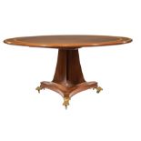 Regency-Style Inlaid Mahogany Dining Table, banded top, reverse tapered triangular standard,