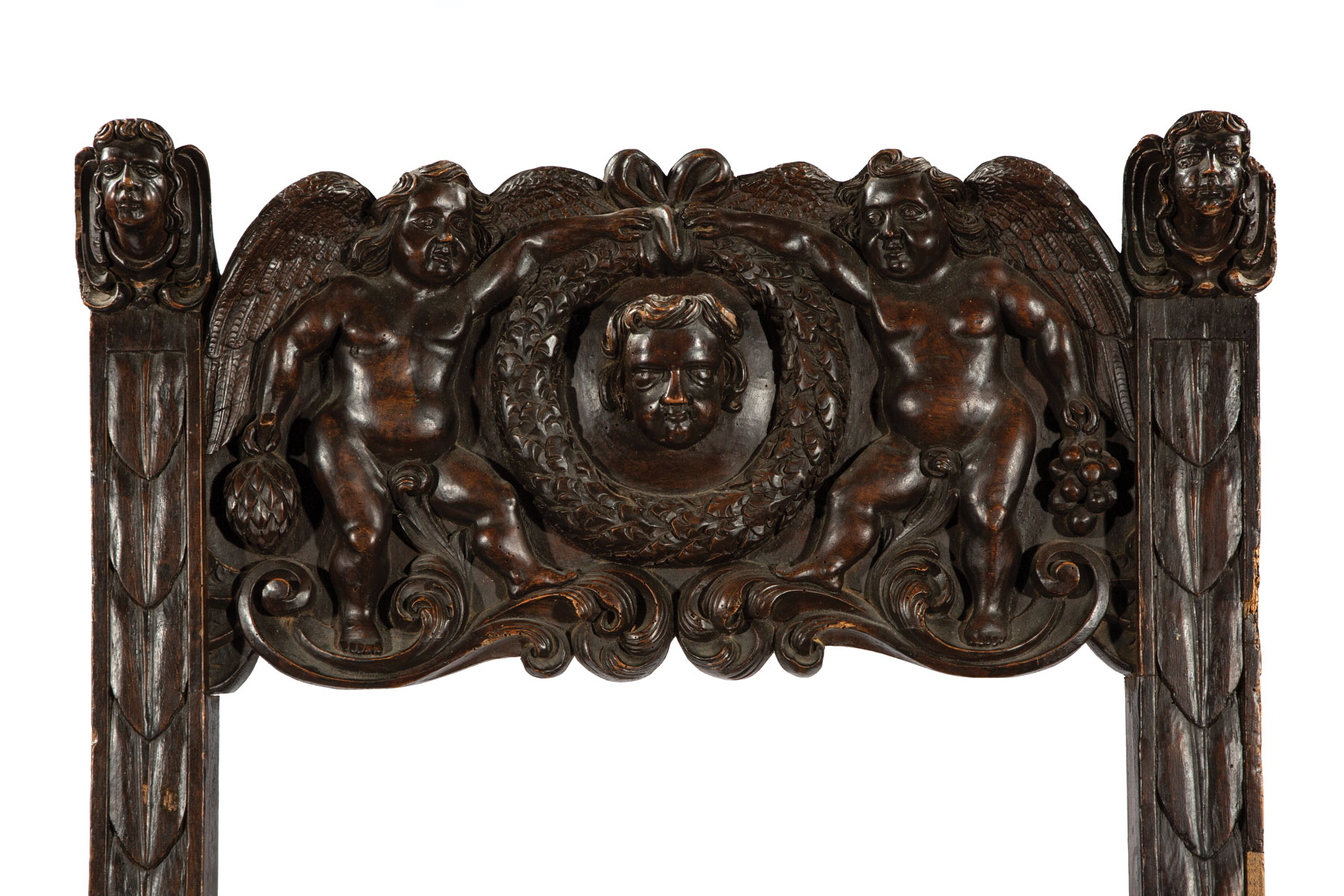 Italian Renaissance Fruitwood Armchair, 17th c., carved bust crest rail with wreath surround, - Image 3 of 3