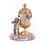 French Gilt and Patinated Bronze Figural Encrier, late 19th c., variegated fossilized marble urn-