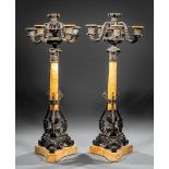 Pair of Louis Philippe Bronze and Sienna Marble Six-Light Candelabra, c. 1840, columnar standard,