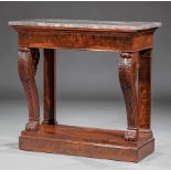 Regency Carved Mahogany Console Table, early 19th c., variegated gray marble top, frieze drawer,