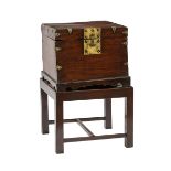 Antique Chinese Brass-Mounted Hardwood Chest, Qing Dynasty (1644-1911), probably jichimu, square