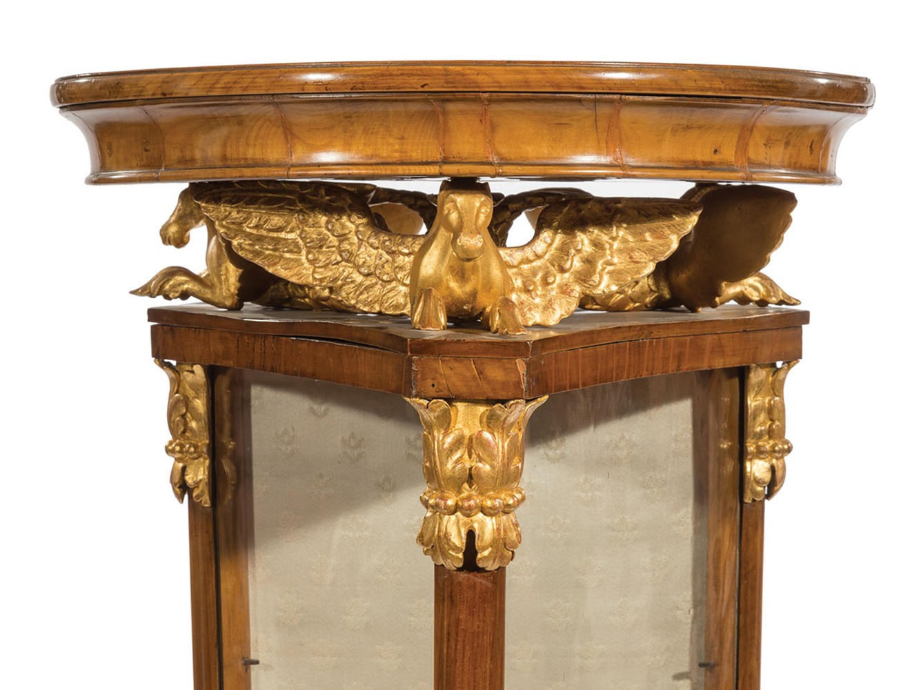 Biedermeier Parcel Gilt Fruitwood Vitrine Cabinet, 19th c., molded dished top, three hippocampus - Image 2 of 3