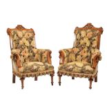 Pair of American Renaissance Bronze-Mounted and Incised Walnut and Burl Parlor Chairs, c. 1870,