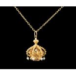 Vintage 18 kt. Yellow Gold, Amethyst and Pearl Pendant, crown-form support with central oval faceted