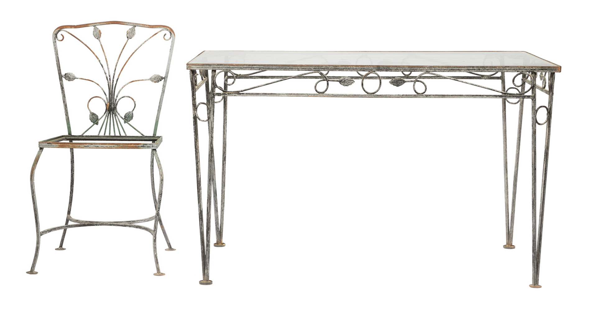 Vintage Wrought Iron Garden Suite, incl. four chairs and table with associated glass top, scroll and - Image 3 of 5