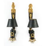 Pair of Empire Bronze-Mounted Tole Peinte Sconces, early 19th c., each with Classical bust terms, h.