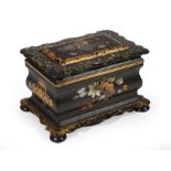 Antique English Mother-of-Pearl Inlaid Papier-Mache Tea Caddy, interior with two lidded