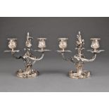 Pair of French First Standard Silver Two-Light Candelabra in the Rococo Taste, h. 7 5/8 in., w. 8