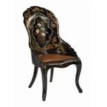 Antique English Mother-of-Pearl, Gilt, Lacquered and Papier-Mache Side Chair, scalloped crest,