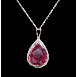 Platinum, Rubellite and Diamond Pendant, prong set pear mixed cut rubellite, wt. 35.75 cts., 30.23 x
