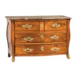 Régence Bronze-Mounted Walnut Bombé Commode, 18th c., serpentine rouge marble top, conforming
