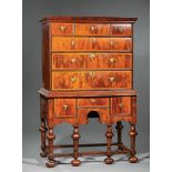 Antique Queen Anne-Style Herring Banded Burled Walnut and Oak Chest-on-Stand, 19th c., upper case