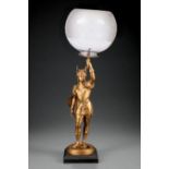 American Gilt Metal Joan of Arc Figural Gas Lamp, 19th c., frosted and cut glass globe, h. 22 in.,