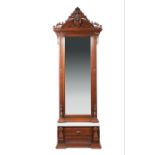 American Renaissance Carved Walnut Hall Mirror, late 19th c., architectonic crest centered by a