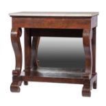 American Late Classical Mahogany Pier Table, early-to-mid 19th c., marble top, scroll supports,