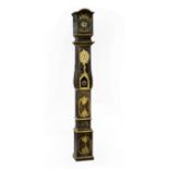 Antique French Painted Tall Case Clock, early 19th c., scroll-carved case, brass repoussé dial,