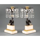 Pair of Charles X Gilt and Patinated Bronze Candlesticks, c. 1830, griffin standards, marble