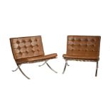 Pair of Ludwig Mies van der Rohe Chromed Steel and Tufted Leather Barcelona Chairs, c. 1972,
