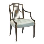 English Paint Decorated Armchair, 19th c., urn and swag back, tufted seat, tapered spade feet,