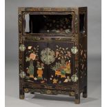 Chinese Mother-of-Pearl and Soapstone Embellished, Polychrome Painted Black Lacquer Cabinet, early-