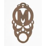 Newcomb College Pierced Brass Door Bell Plate, c. 1935, Juanita Marie Mauras, initial M within a
