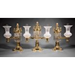 Fine American Gilt Bronze Three-Piece Argand Lamp Garniture, 19th c., tripartite base with Classical