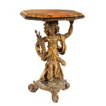 Very Rare Italian Giltwood Figural Table, 18th c., shaped faux marbre top, maiden-form support, rock
