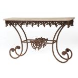 American Cast Iron Console Table, 19th c., stone top, reticulated frieze, scrolled base, h. 35